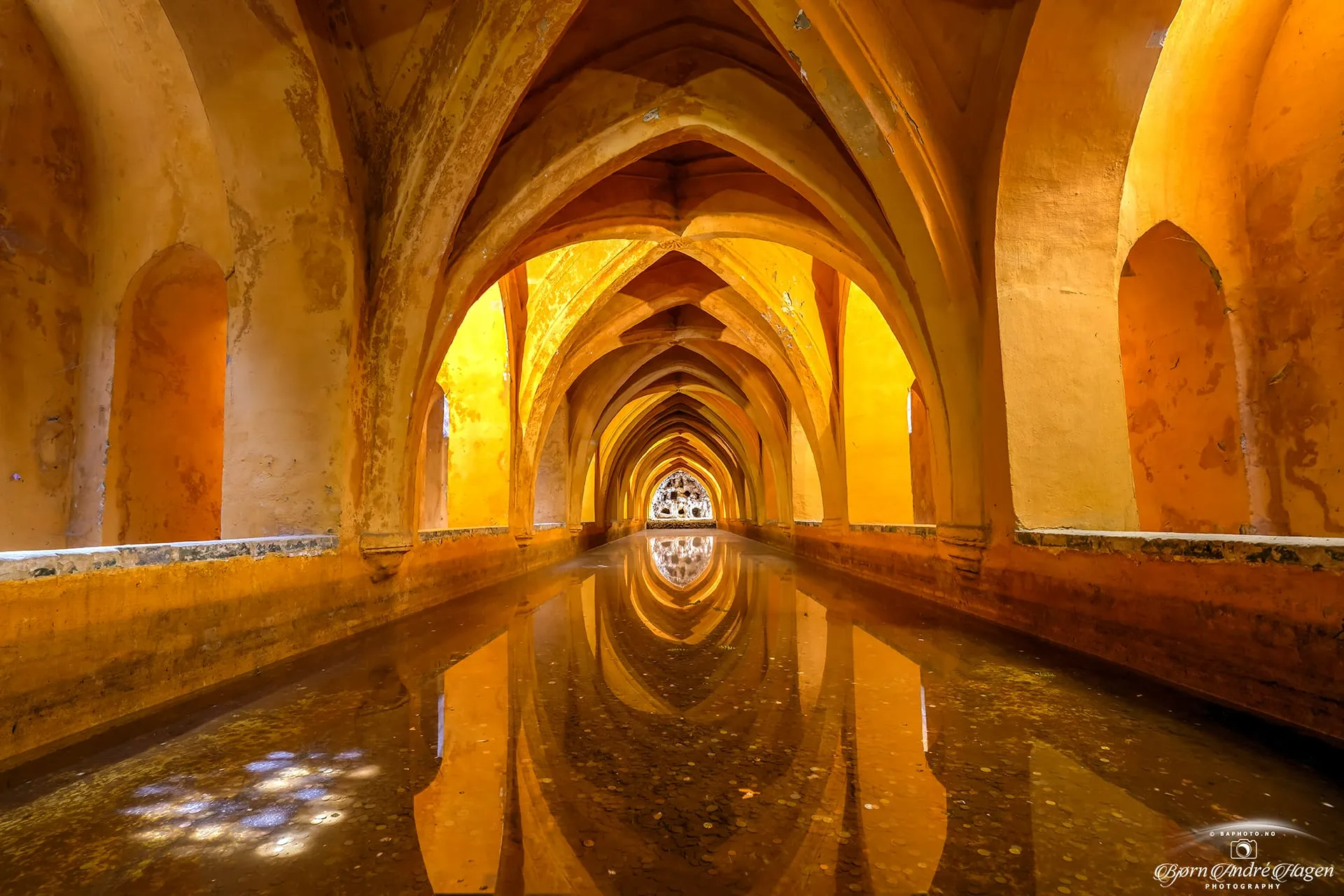 Alcázar bath chamber showing stone vault curvature and shadow play